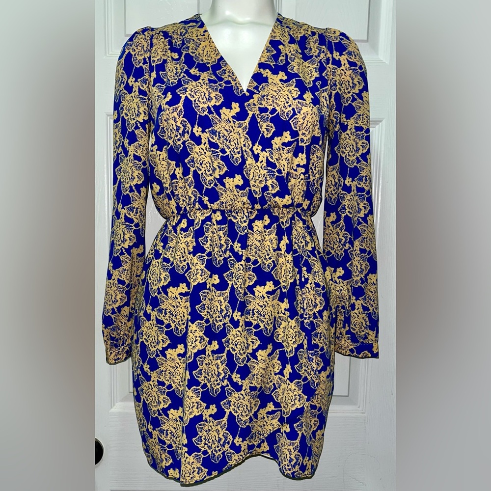 Akira Chicago Red Label Blue & Gold Mini Wrap Dress Women’s size Small
